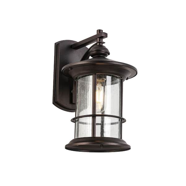 1-Light Brown Clear Seedy Glass Outdoor Hardwired Wall Cylinder Sconce, No Bulbs Included