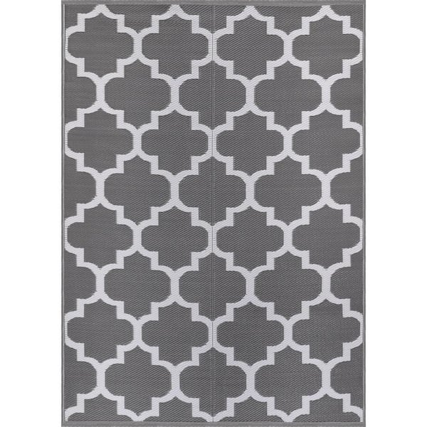 4 X 6 Grey White Lightweight Moroccan Trellis Reversible Plastic Indoor Outdoor Area Rug
