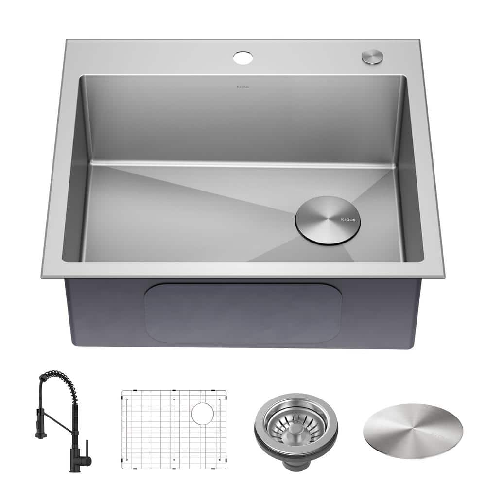 KRAUS Loften Stainless Steel 25 In Single Bowl Drop In Undermount   Matte Black Kraus Drop In Kitchen Sinks Kht411 25 Kpf 1610mb 64 1000 