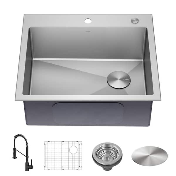 KRAUS Loften 25 in. Drop-In Single Bowl 18 Gauge Stainless Steel Kitchen Sink with Pull Down Faucet in Matte Black