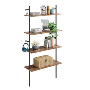 Industrial 65.35 in. H Rustic Brown 4-Shelf Wall-Mounted Ladder Shelf With 6 Hooks
