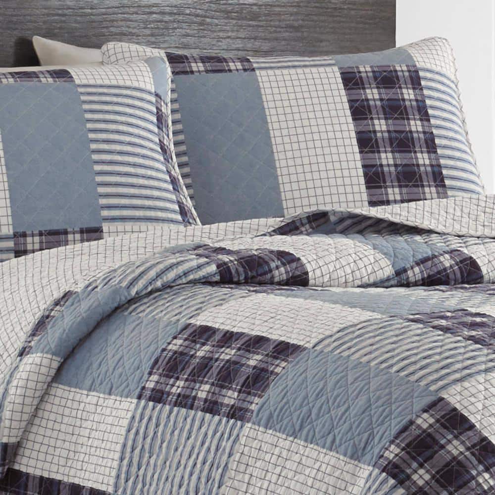 Camano Island Twin Quilt Set in Blue and White Cotton Patchwork