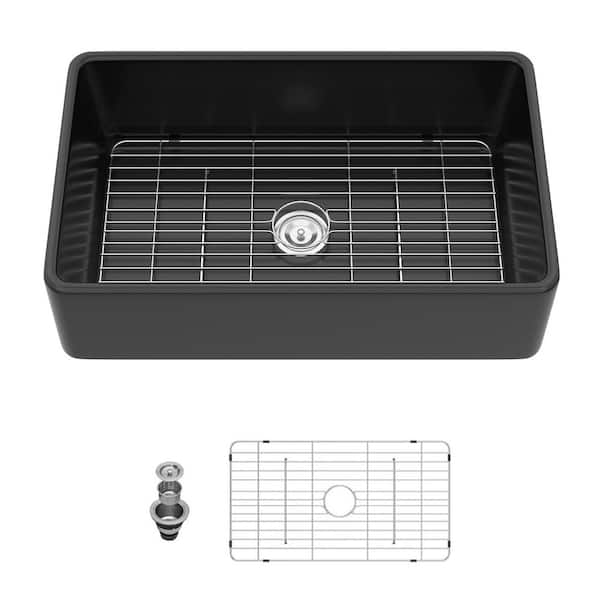33 in. Drop-In Single Bowl No Gauge Applicable Black Ceramic Kitchen Sink and Bottom Grids