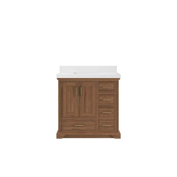 Willow Collections Charlotte Teak 36 in. W x 22 in. D x 36 in. H Center Sink Bath Vanity in Dark Natural with 2" White Quartz Top