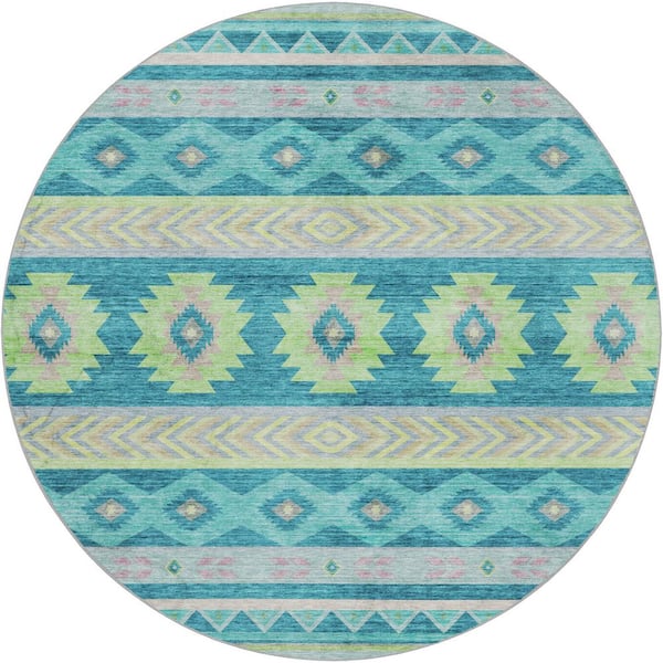 Dream Shag Premium Machine Washable Abstract ADS178 Peacock 8 ft. x 8 ft. Round Rug