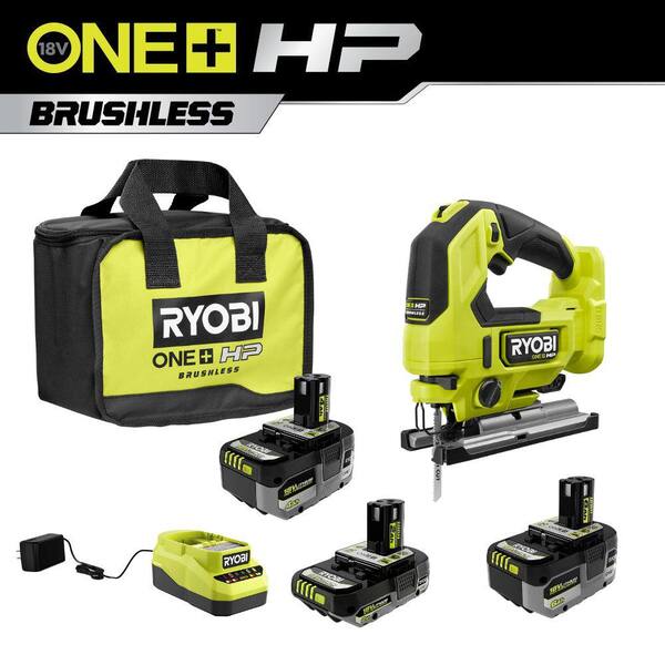 RYOBI ONE+ 18V Lithium-Ion 2.0 Ah, 4.0 Ah, and 6.0 Ah HIGH PERFORMANCE Batteries and Charger Kit w/ HP Brushless Jig Saw