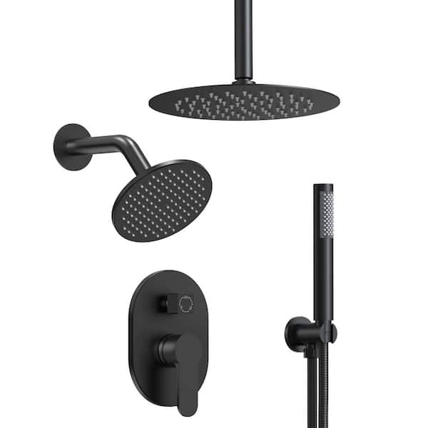 3-in-1 Dual Round Shower Heads Double Handle 3-Spray Tub and Shower Faucet 2.5 GPM in. Matte Black Valve Included