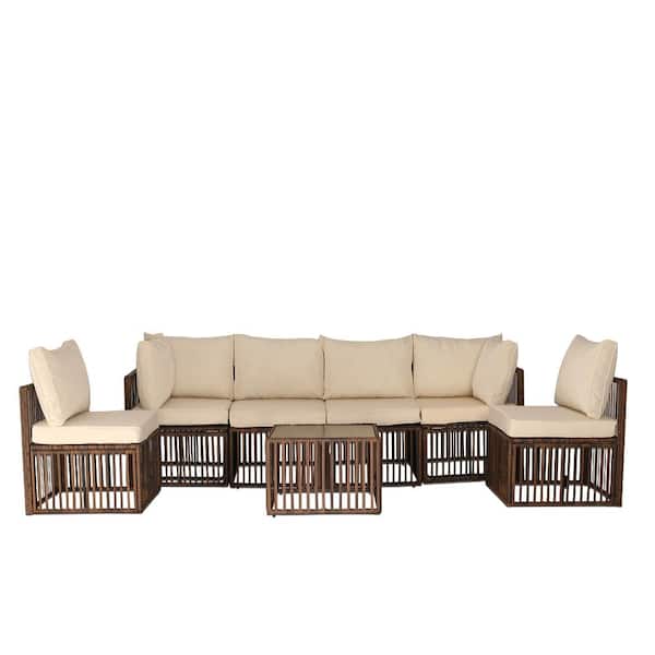 Zeus & Ruta 7-Piece Brown Wicker Outdoor Conversation Set with Beige Cushions for Garden Backyard