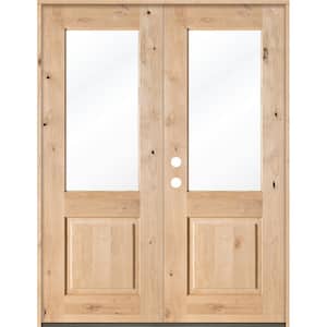 64 in. x 96 in. Rustic Knotty Alder Half-Lite Clear Glass Unfinished Wood Right Active Inswing Double Prehung Front Door
