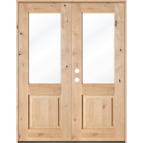 Krosswood Doors 64 in. x 96 in. Rustic Knotty Alder Half-Lite Clear Glass Unfinished Wood Right Active Inswing Double Prehung Front Door