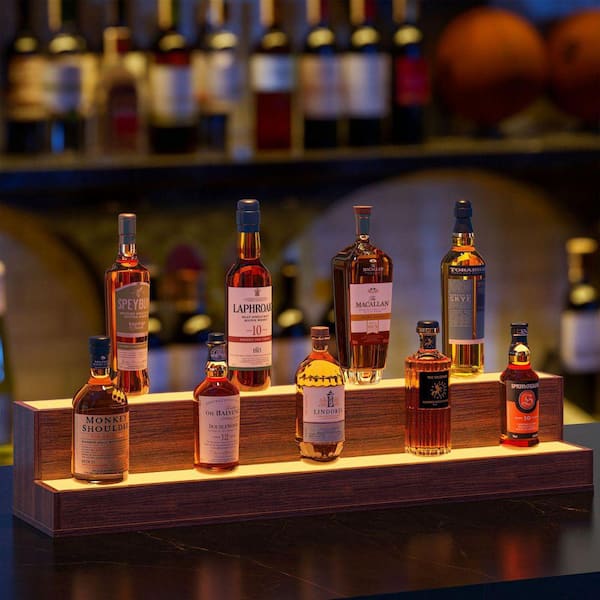 CH 7 in. H x 37.4 in. W 9-Bottle Walnut Engineered Wood Bar Shelves,LED Lighted Liquor Bottle Display Shelf