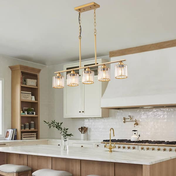 TinHon Modern 5-Light Gold Linear Island Chandelier with Crystal