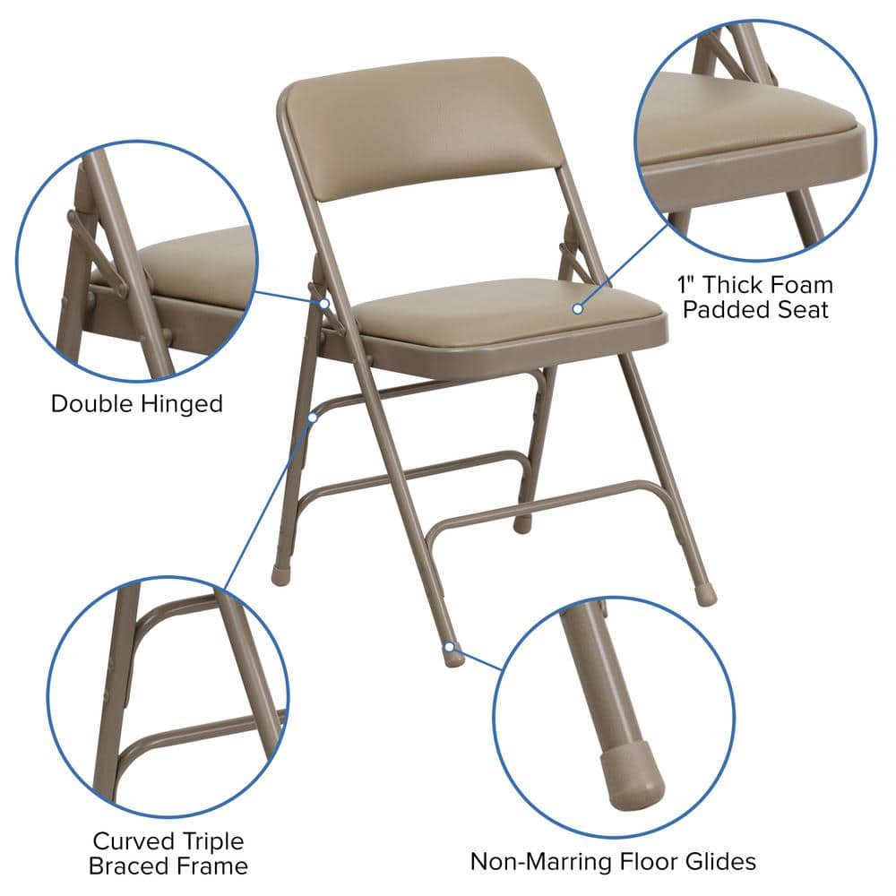 Flash Furniture HERCULES Series Curved Triple Braced & Double Hinged Beige Vinyl Metal Folding Chair