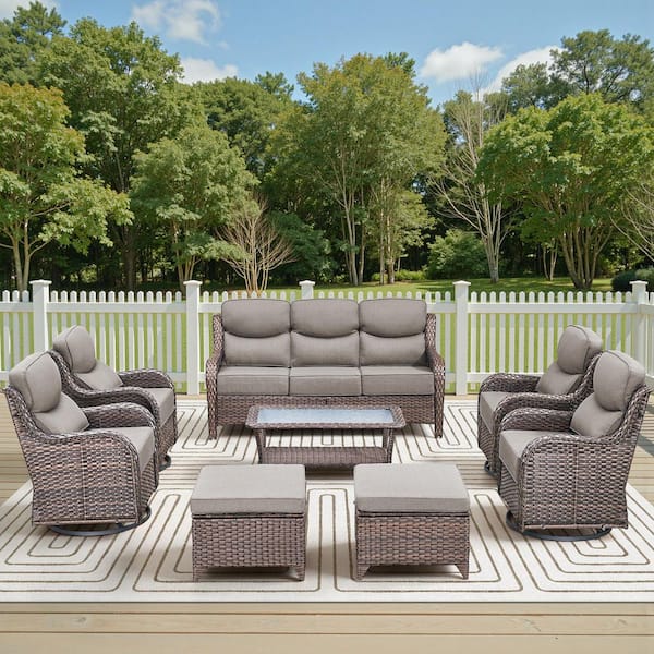 Holion Brown 8-Piece Wicker Patio Conversation Swivel Glider Set Outdoor Sofa Seating Set with 6 in. Gray Cushions