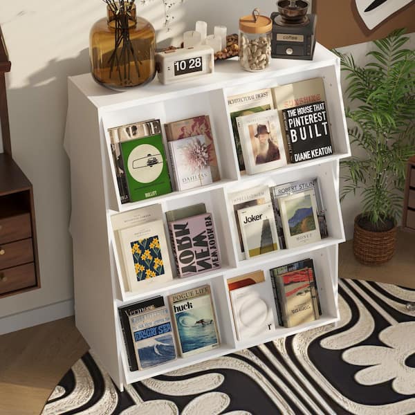 FUFU&GAGA White 47.2 in. Height Wooden Accent Storage Cabinet, Bookcase, Wine Cabinet with 2-Side Tilted 12-Shelf for Display