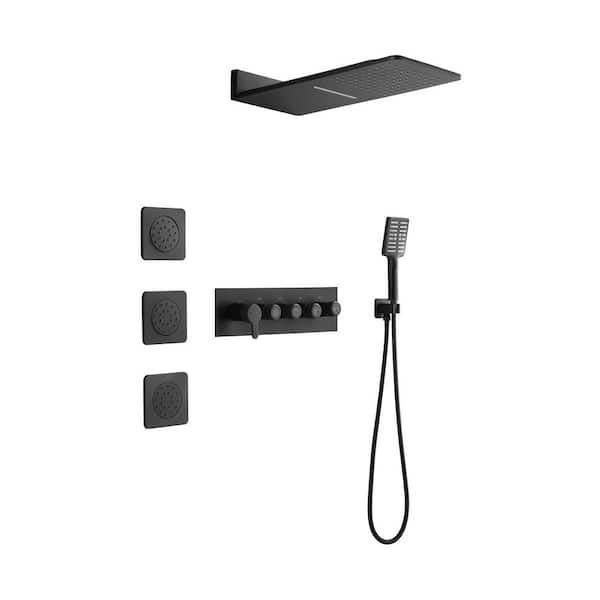 Full Body Waterfall Shower System 2-Spray Wall Bar Shower Kit with Hand Shower in Matte Black 3 Body Shower Head