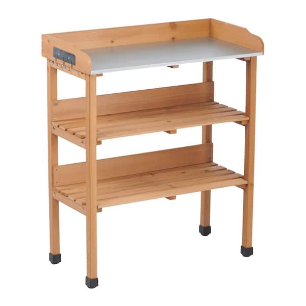 30 in. W x 35.5 in. H Brown 3 Layers Outdoor Wood Potting Table with Metal Tabletop and Hook