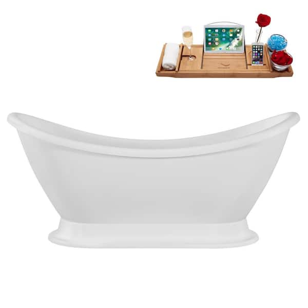 Streamline 70 in. x 29 in. Acrylic Freestanding Soaking Bathtub in Glossy White with Polished Gold Drain, Bamboo Tray