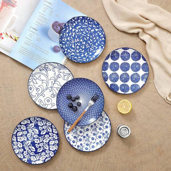 Numhew Vintage Blue Ceramic 6 fl. oz. Dessert Plates Set of 6, 6