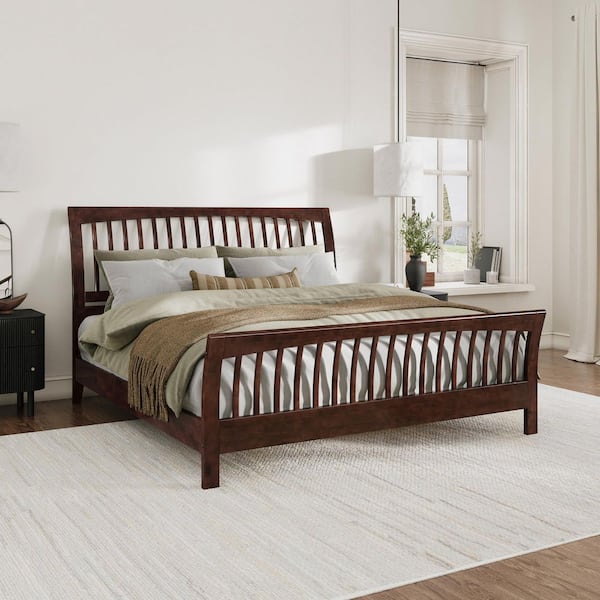 Orleans Walnut Brown Solid Wood Frame King Low Profile Sleigh Platform Bed with Matching Footboard