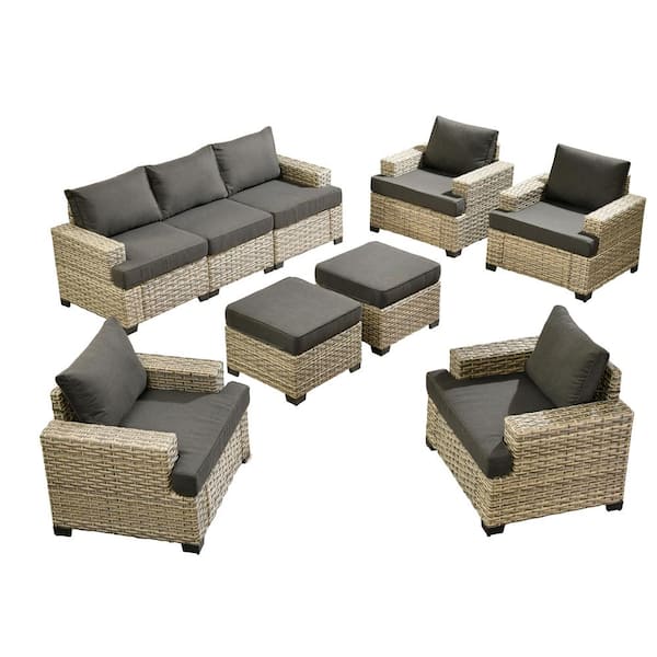 Kelleys 9-Piece Wicker Modern Outdoor Patio Conversation Sofa Seating Set with Black Cushions
