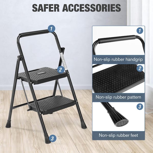 2-Step Reach Non-Slip Steel Step Stool, 800 lbs. Portable Folding Step Tools