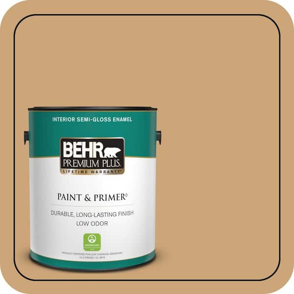BEHR PREMIUM PLUS 1 gal. Home Decorators Collection #HDC-AC-13 Butter Nut Semi-Gloss Enamel Low Odor Interior Paint & Primer