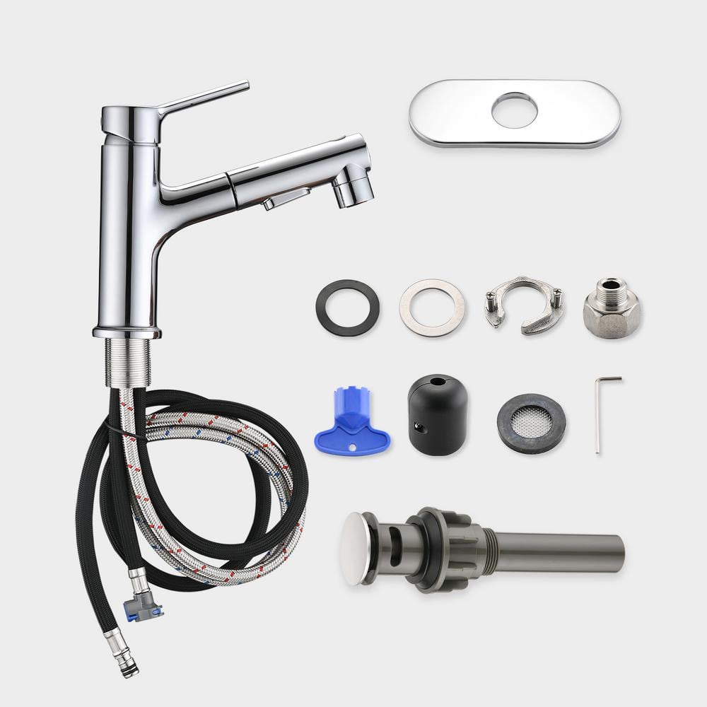 Chrome Single Handle Bathroom Faucet with Pull Out Sprayer