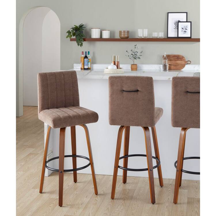 Lumisource Hank 30.75 in. Walnut Wood, Brown Fabric, and Black Metal Fixed-Height Barstool (Set of 2)