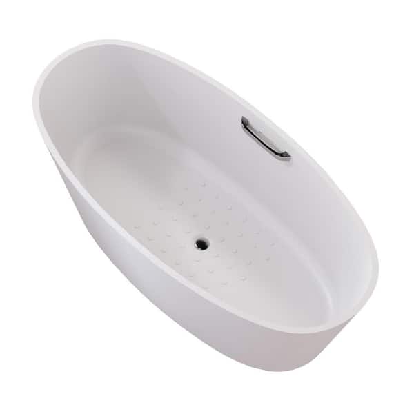 VANITYFUS 63 in. L x 30 in. W Solid Surface Freestanding Soaking Bathtub with Chrome Side Grab Bar and Drain in Matte White