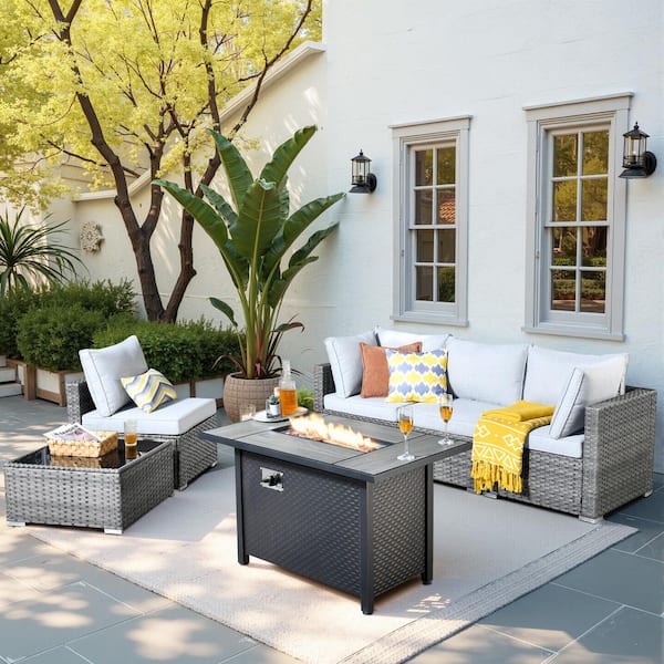 HOOOWOOO Messi Gray 6-Piece Wicker Outdoor Patio Conversation Sectional Sofa Set with a Metal Fire Pit and Light Gray Cushions