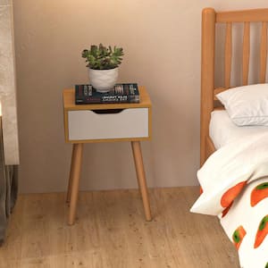 1-Piece Natural Nightstand End Side Sofa Table Storage Drawer Living Room with Solid Wood Leg