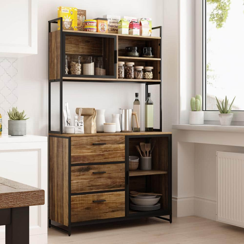 WIAWG 39.4 in. W Brown Large Kitchen Pantry Organizers Cabinet Buffet ...