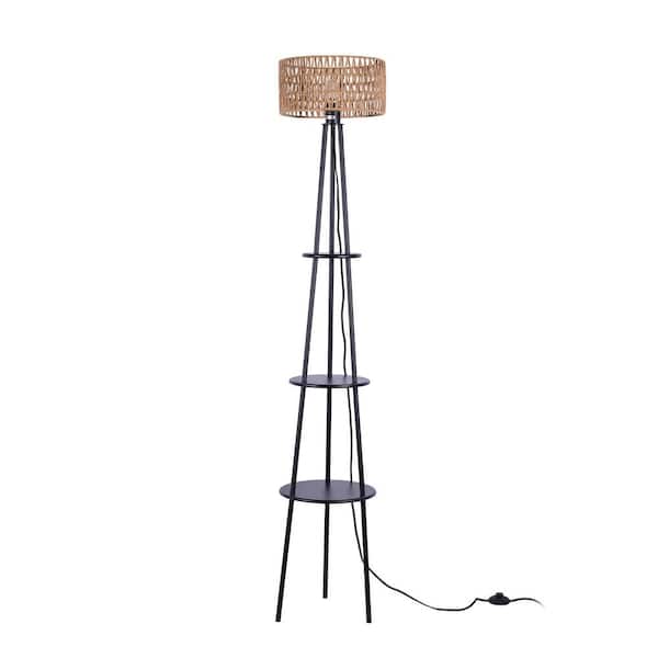 INNOBULE 66.14 in Black Rattan Tray Table Tripod Floor Lamp with 1-Bulb Included