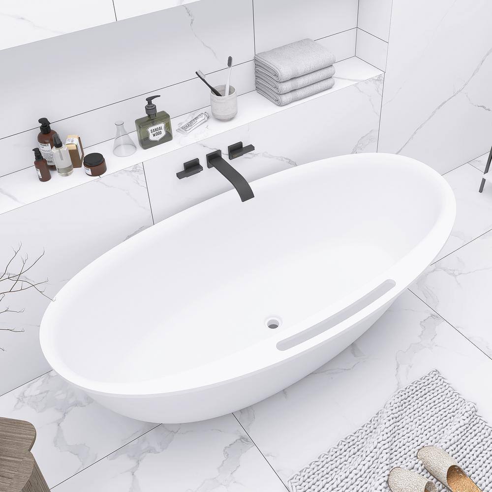 63 in. Matte White Solid Surface Freestanding Soaking Bathtub