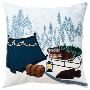 Holiday Blue/Multi-Color Campsite Cotton 20 in. x 20 in. Poly Filled Decorative Throw Pillow