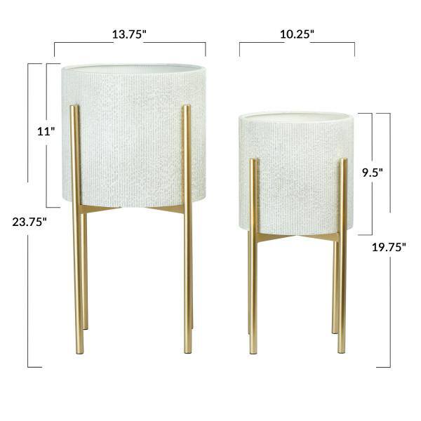 White and Gold Embossed Metal Planters with Stands, Set of 2