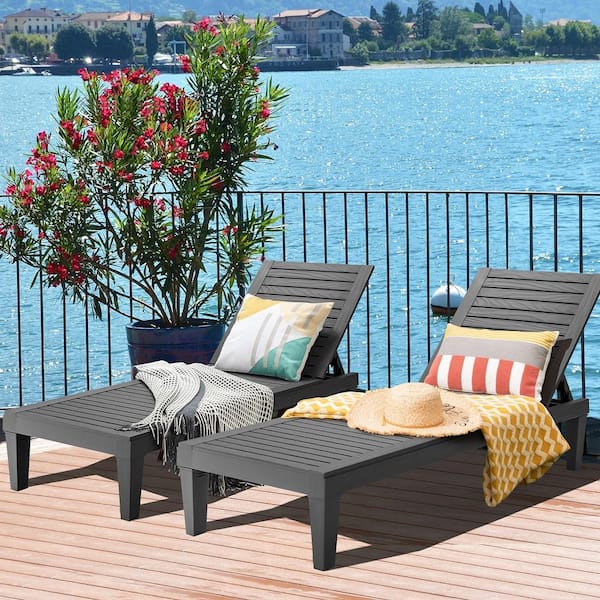 Black Plastic Patio Outdoor Chaise Lounge Chair Recliner with Adjustable Backrest (Set of 2)