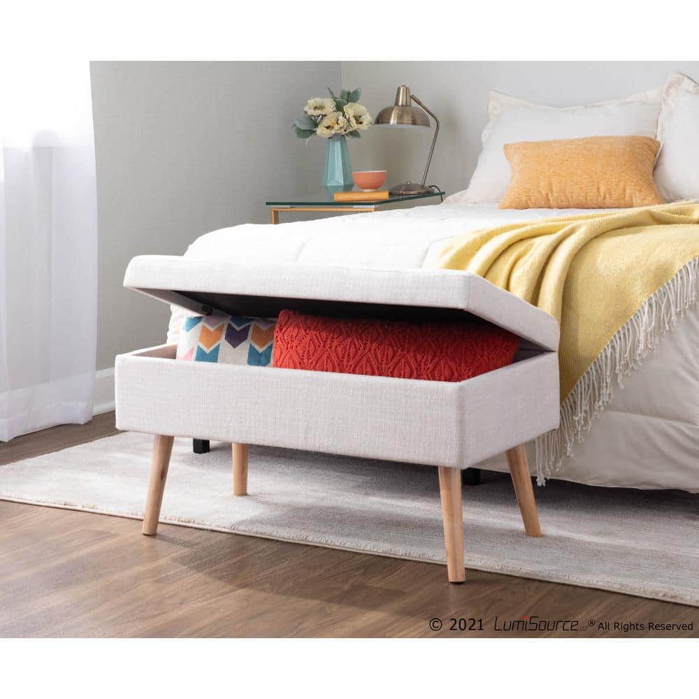 Beige Linen Upholstered Storage Bench with Natural Wood Legs