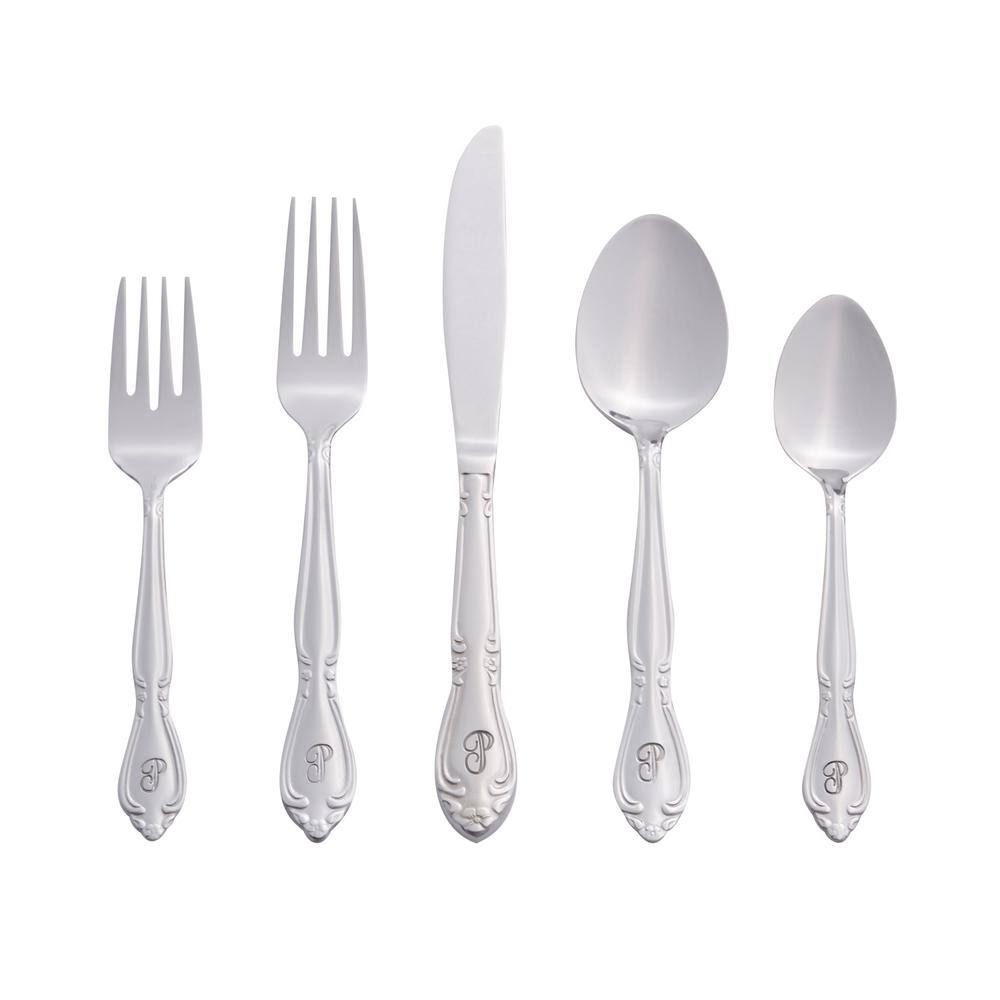 Rose Monogrammed Letter P 46-Piece Silver Stainless Steel Flatware Set (Service for 8) price history on PriceWatchPro