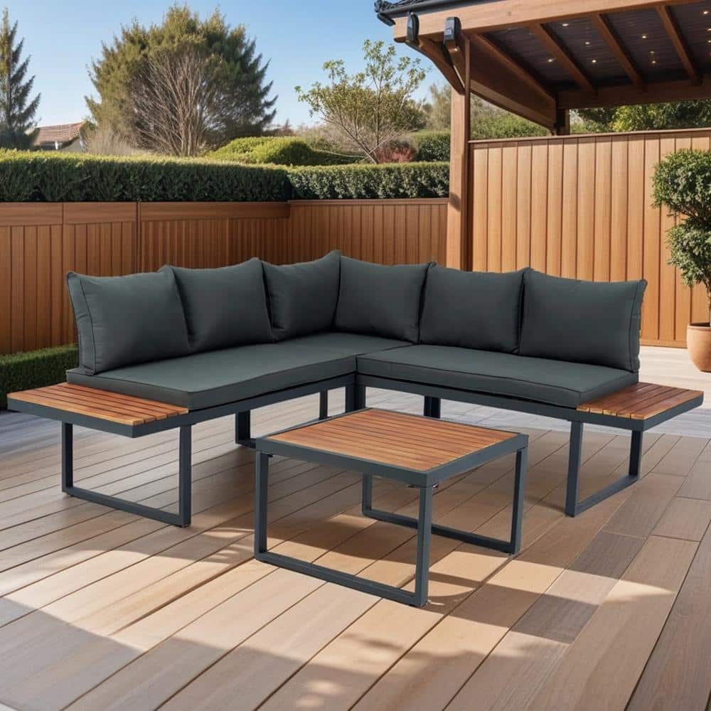 4-Piece Wicker L-Shaped Patio Conversation Set 5-Seater Sectional Sofa Seating Group with Side Table, Dark Grey Cushions