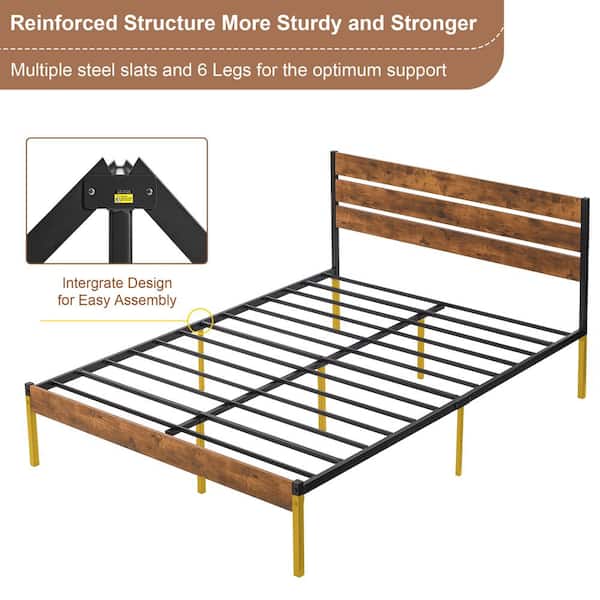 Queen Size Metal Platform Bed Frame with Wooden Headboard Platform Bed with Metal Frame Under Bed Storage，62.1"W，Brown