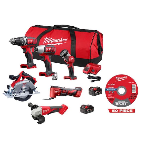 M18 18-Volt Cordless Combo Kit (6-Tool) with 2-Batteries, Charger w/ 50 4 1/2 in Ceramic + Metal Cutoff Wheel Type 1