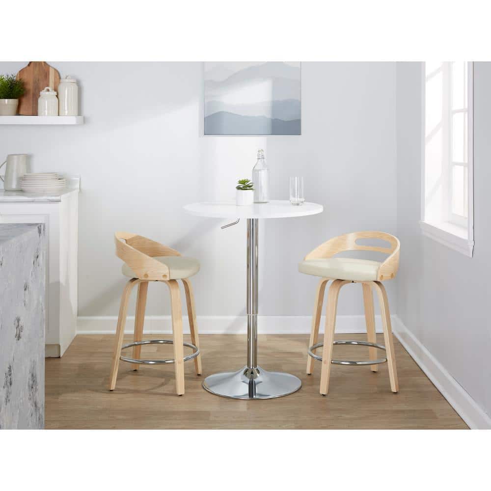 Beige Swivel Counter Stool with Wood and Metal Frame