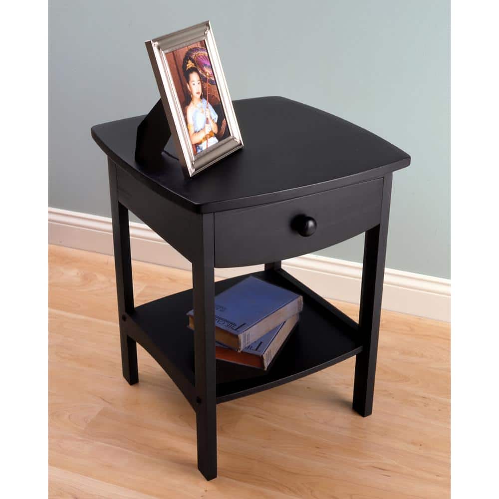Transitional Square Black Nightstand with Storage Drawer and Open Shelf