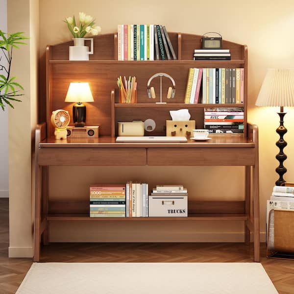 Brown Kids Study Desk with Storage, Wooden Children's Computer Writing Desk, Modern Kids Desk with Bookshelf and Drawers