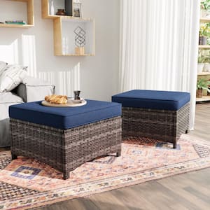 Wicker Outdoor Patio Ottoman with Blue Cushions (Set of 2)
