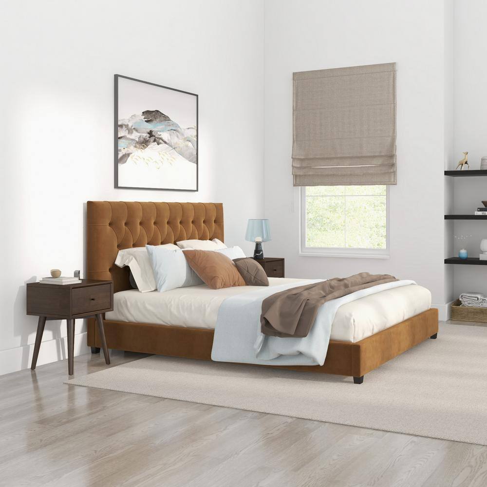 Elda Cognac Velvet Tufted Upholstered King Platform Bed