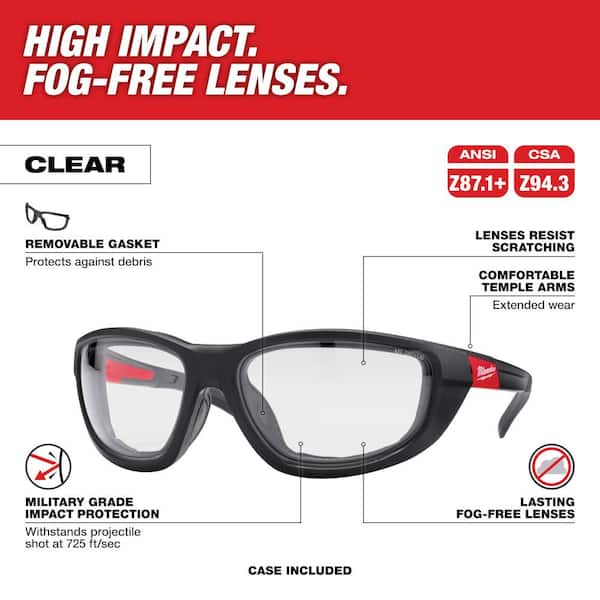Performance Safety Glasses with Clear Fog-Free Lenses and Gasket (12-Pack)