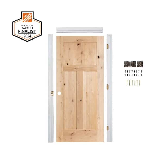 DIY RTA KIT 36in.x80in. Craftsman 3 Panel Right-Hand Knotty Alder Wood Unfinished Single Ready To Assemble Interior Door